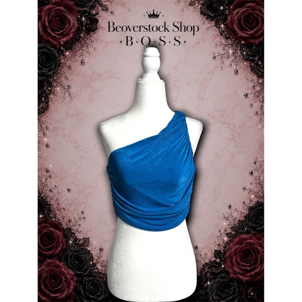 Preowned Blue One Shoulder Ruched Stretch Crop Top Women’s Medium - Picture 1 of 7